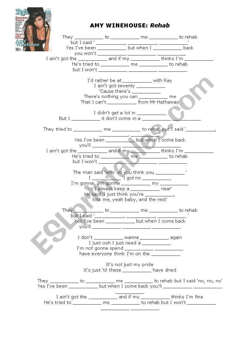 Rehab by Amy Winehouse worksheet