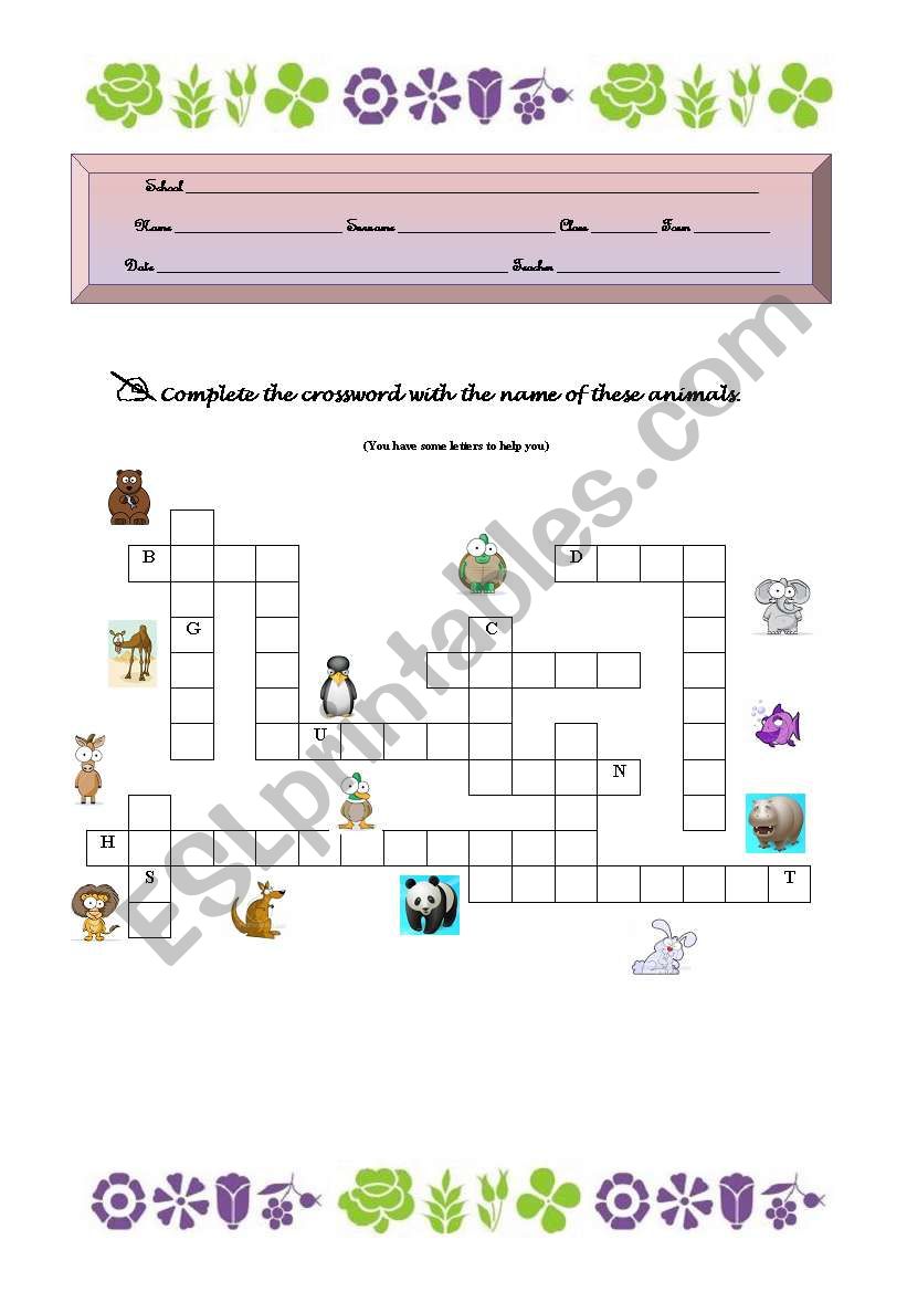 Animals crossword worksheet