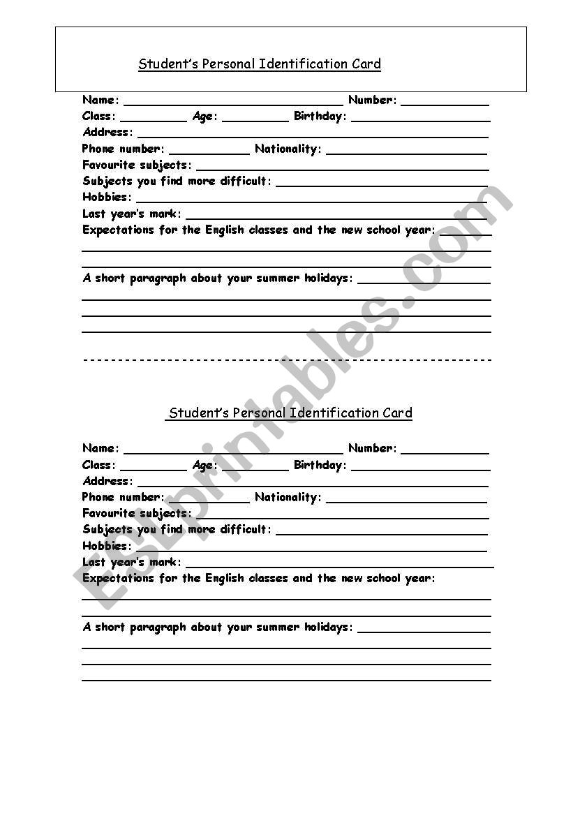 Personal Identification Card worksheet