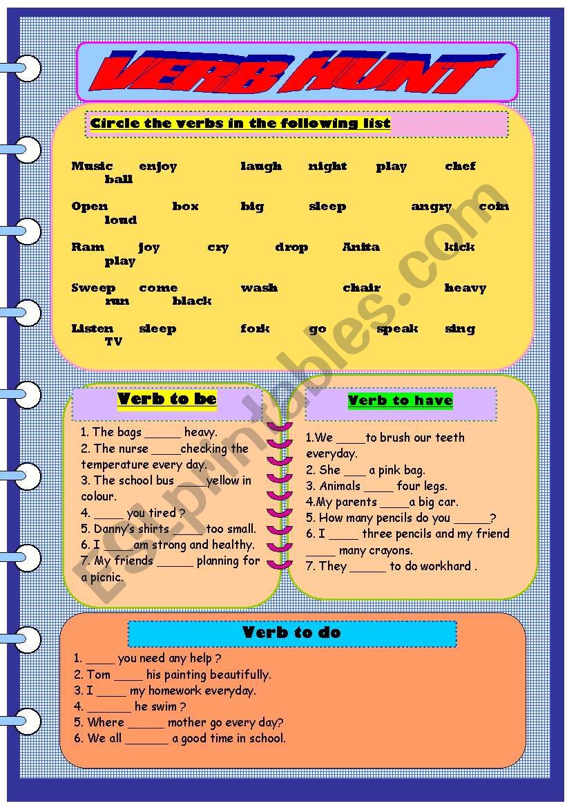 Verb hunt worksheet