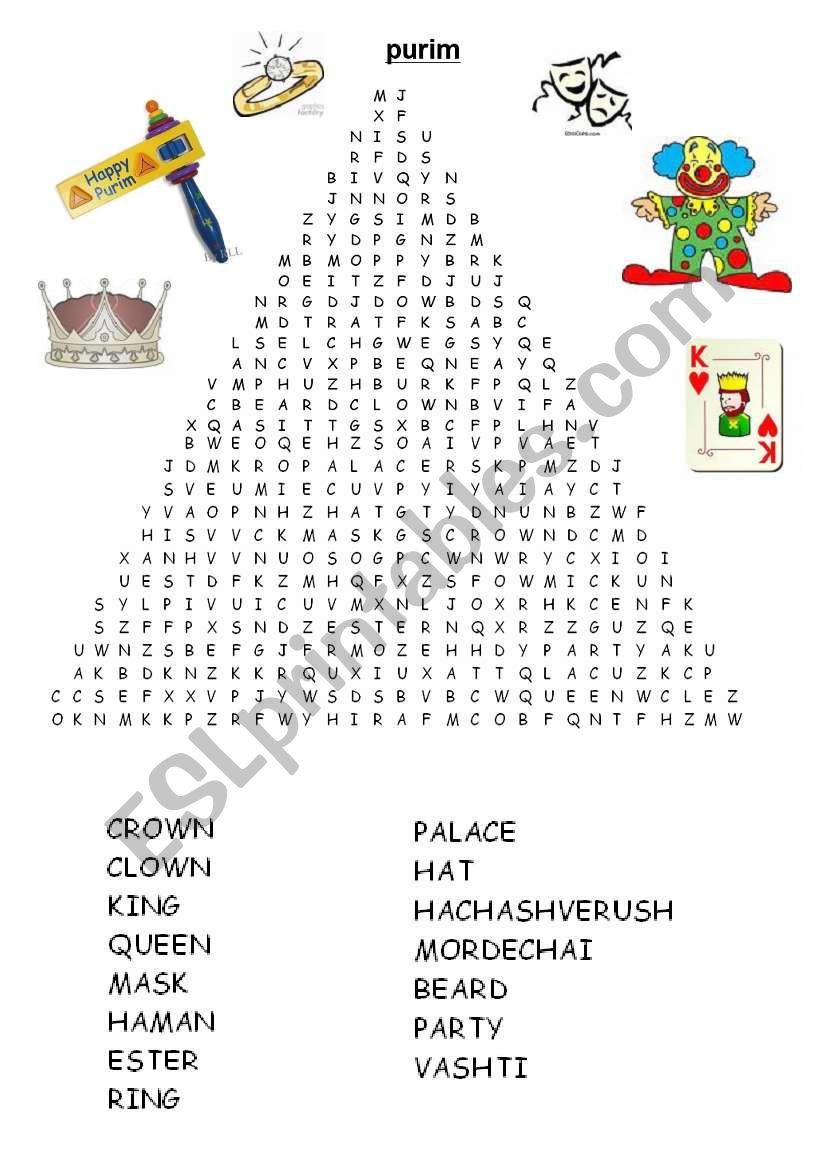 purim word search worksheet