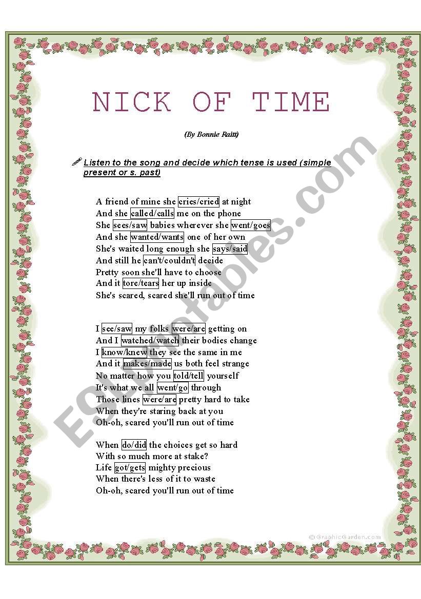 In the Nick of Time (Song) worksheet