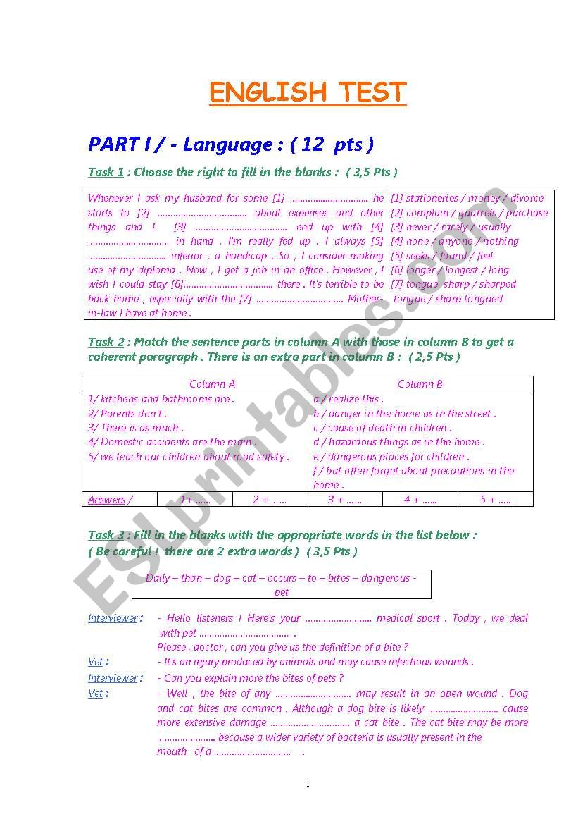 9th ENGLISH TEST worksheet
