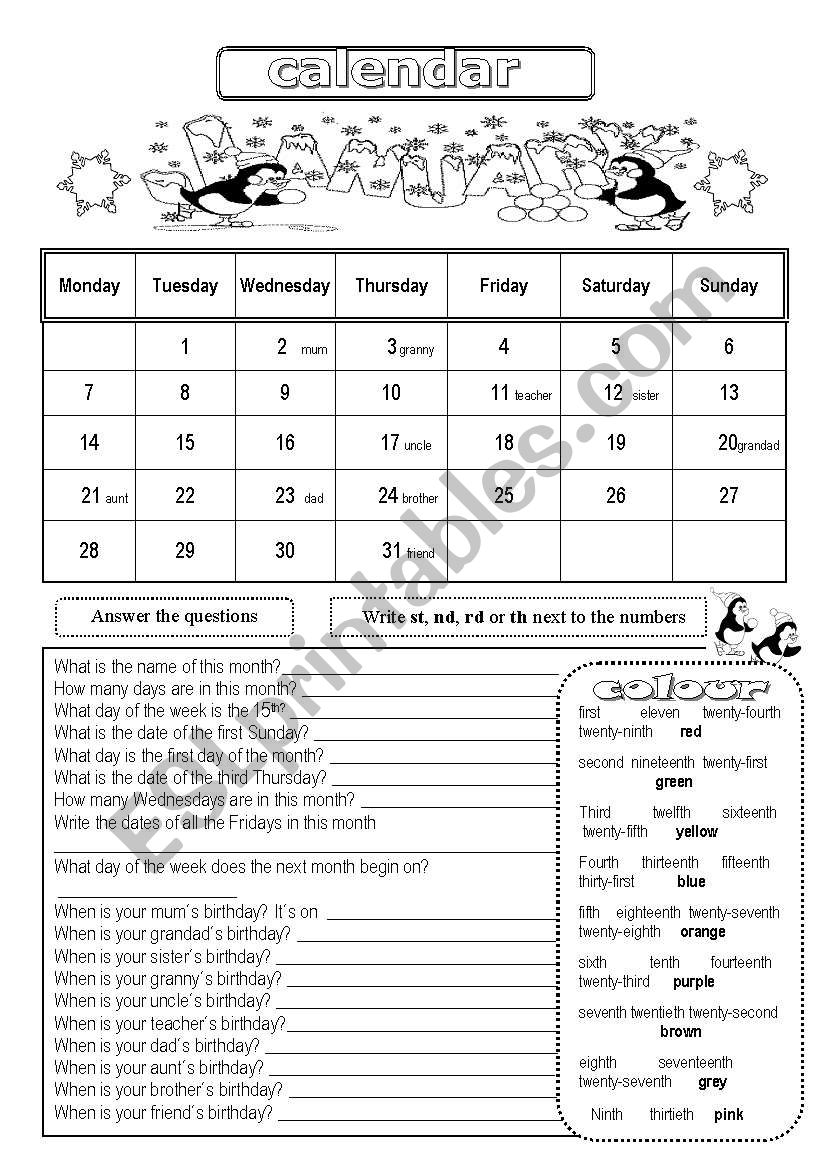 CALENDAR (2 pages) worksheet