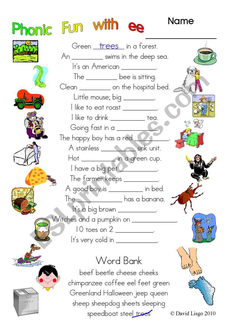 3 pages of Phonic Fun with ee: worksheet, story and key (#2)