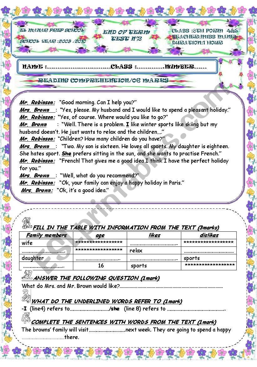 END OF TERM TEST  2    8TH FORM  READING COMPREHENSION PART