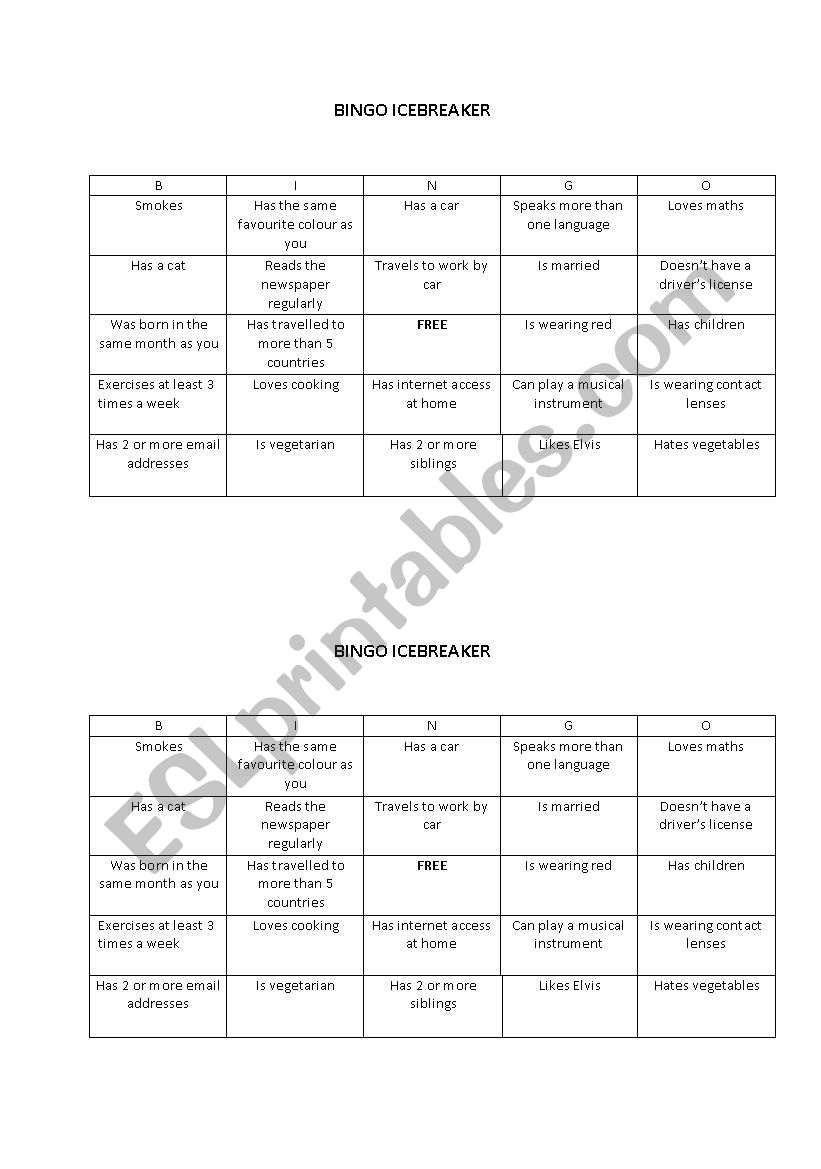 Icebreaker bingo worksheet