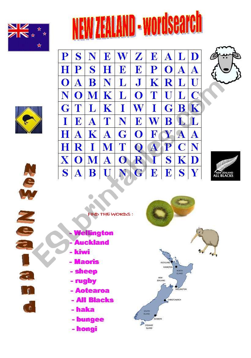 New Zealand - wordsearch worksheet