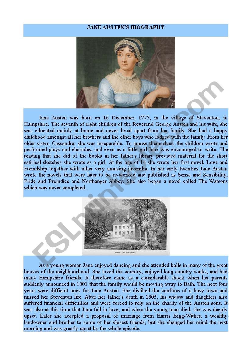 Jane Austens Biography worksheet