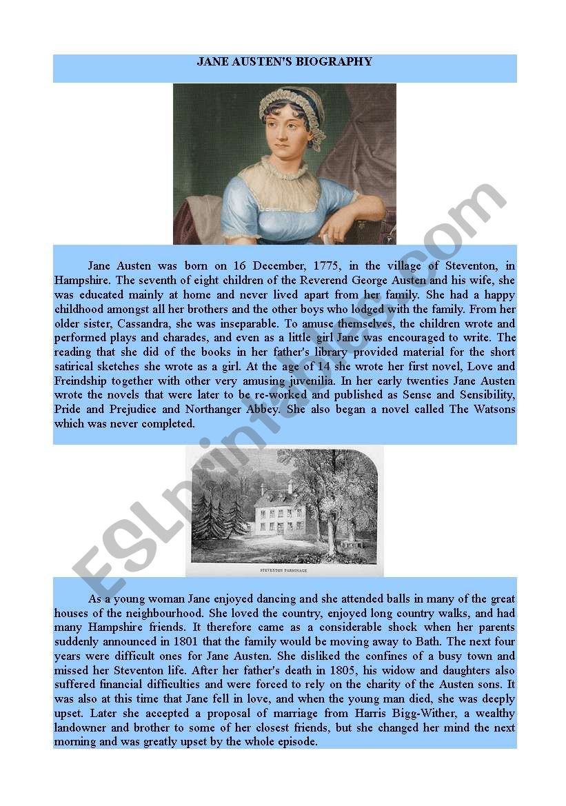 Jane AustenÂ´s Biography worksheet