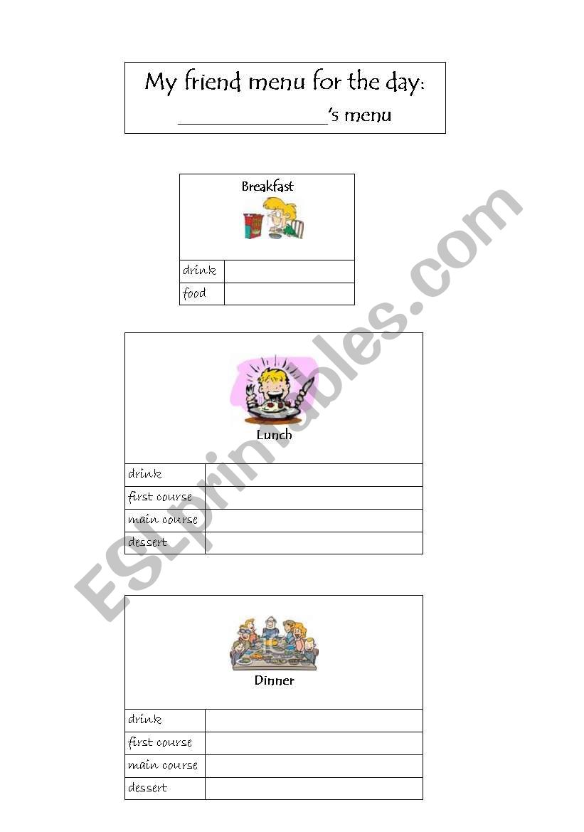 my friends menu worksheet
