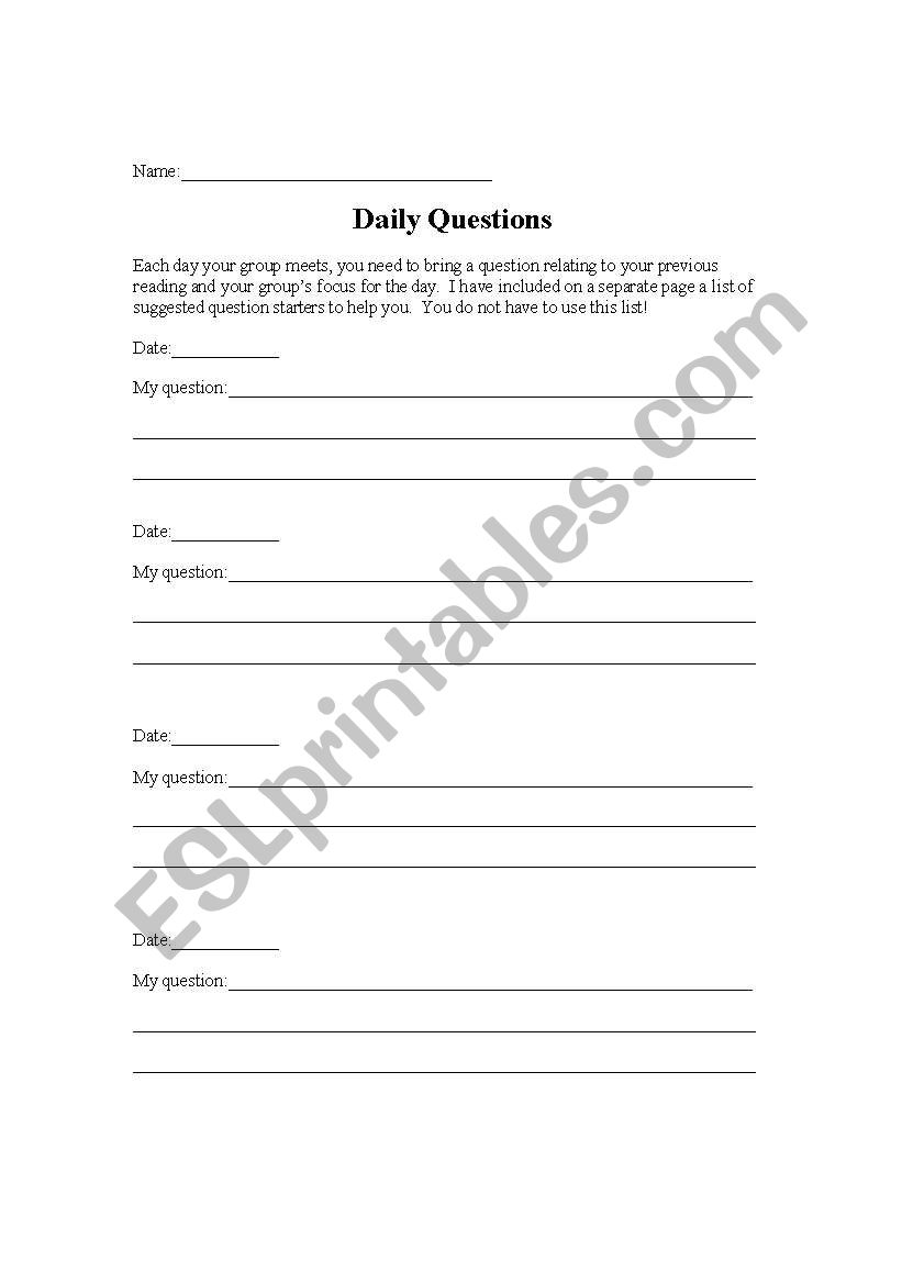 Daily Question sheet worksheet
