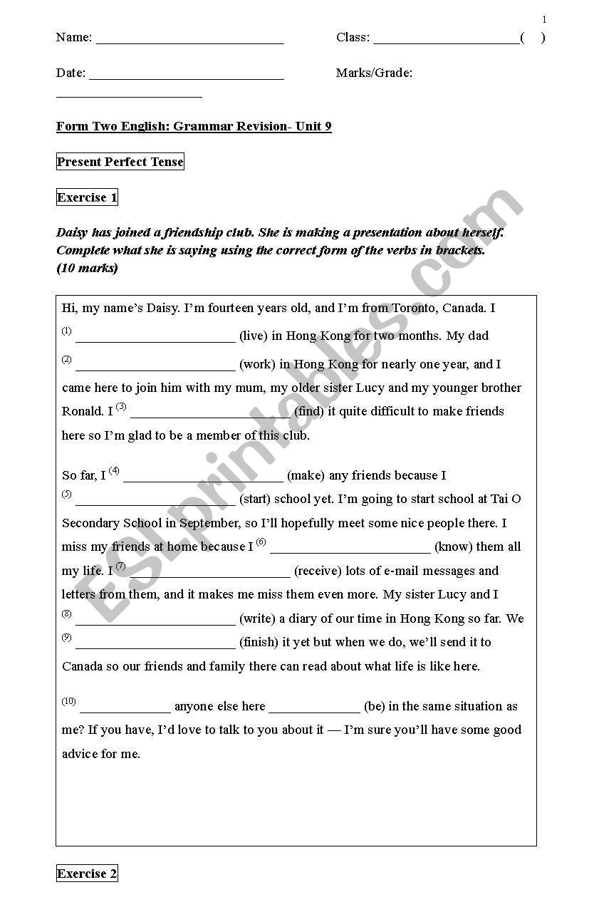 grammer revision worksheet