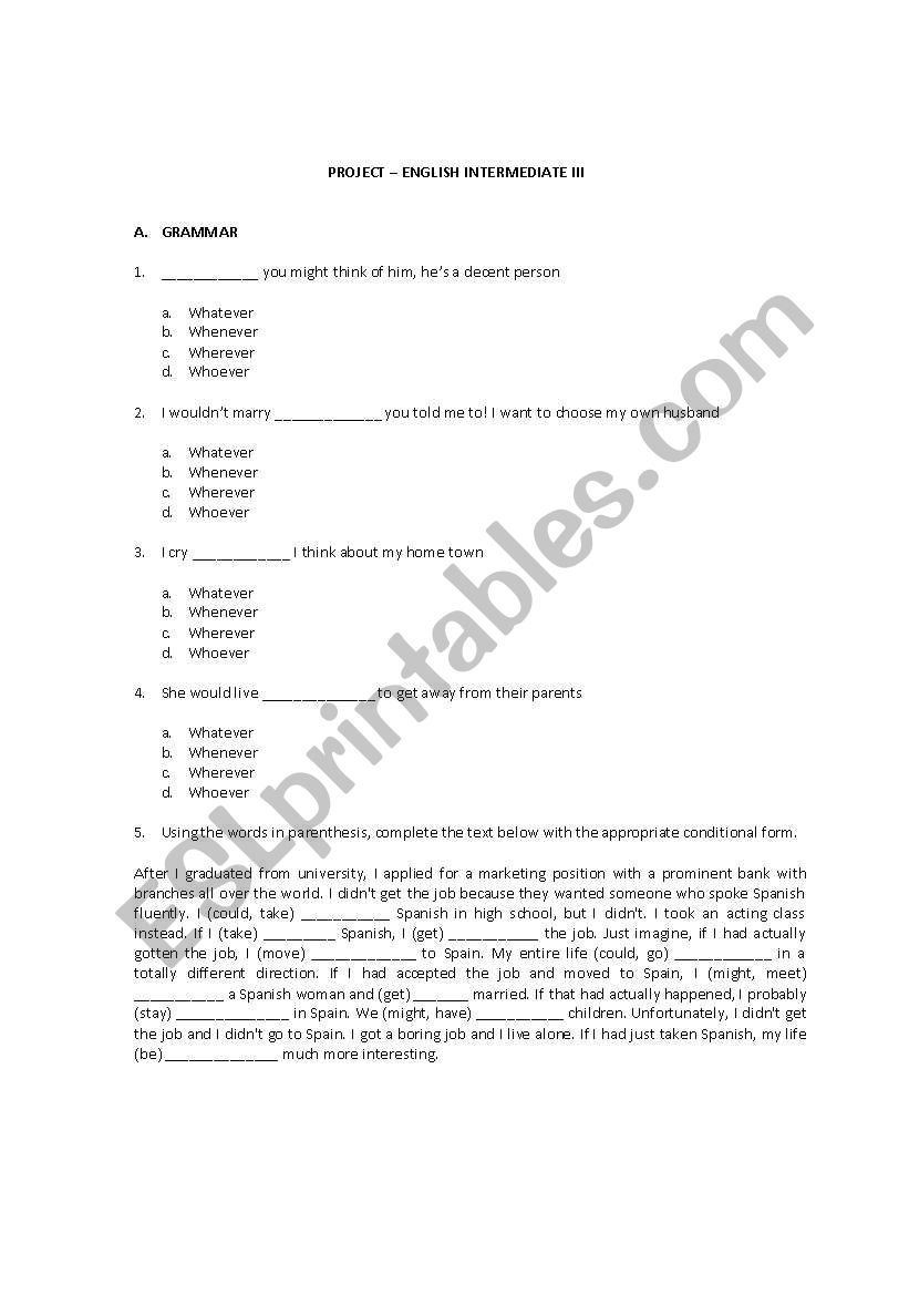 Intermediate Project worksheet