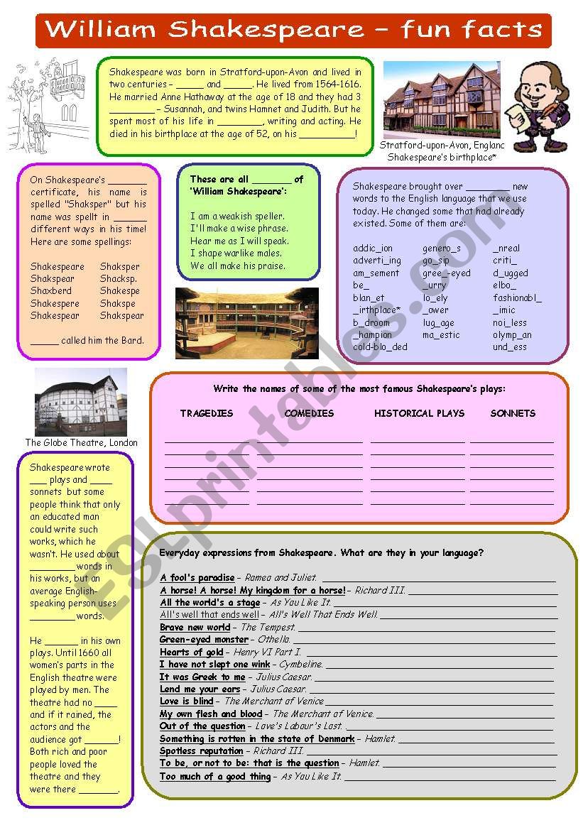 William Shakespeare - fun facts (plus key) - ESL worksheet by marta v