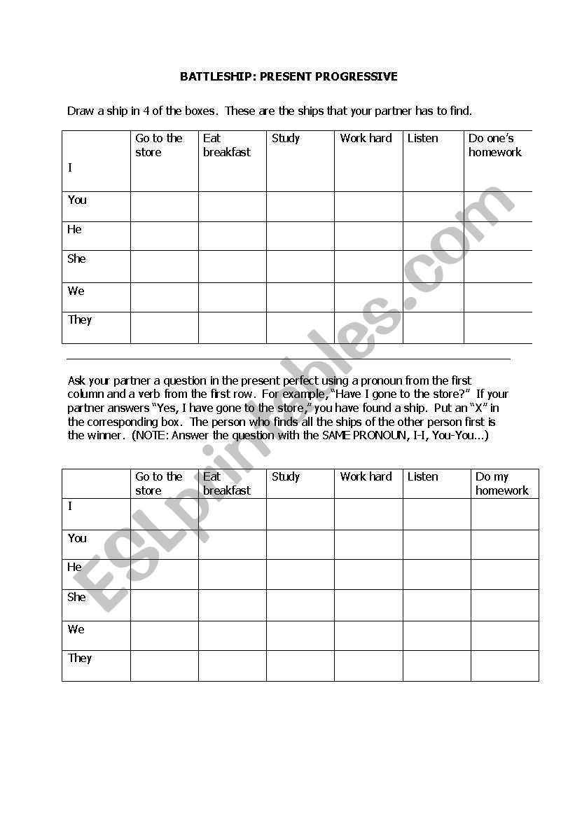 Present Perfect Battleship worksheet