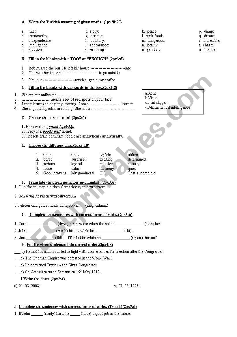 exercise for 8 th class worksheet