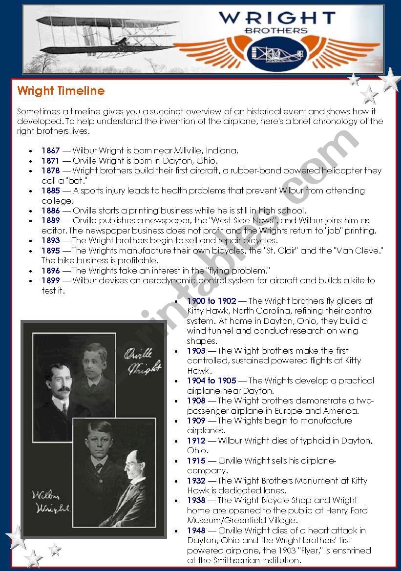 Wright Brothers ( 2 pages ) reading&quiz