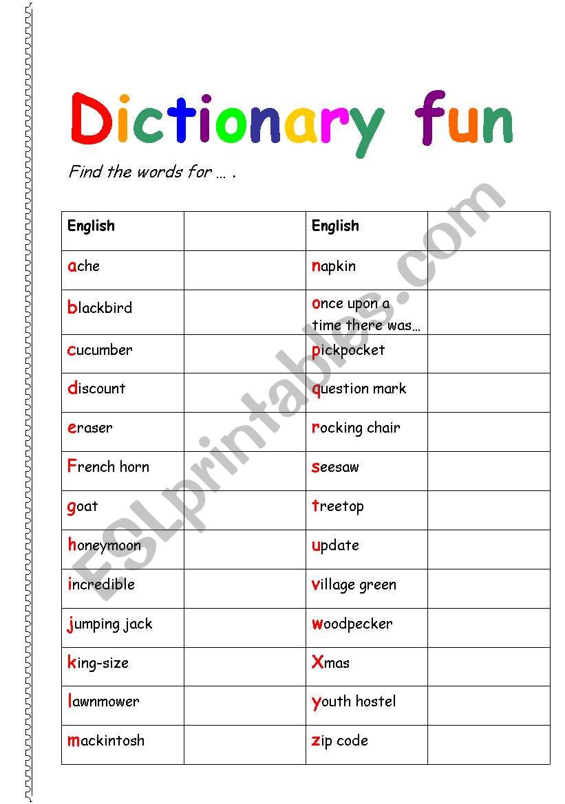 Dictionary fun worksheet