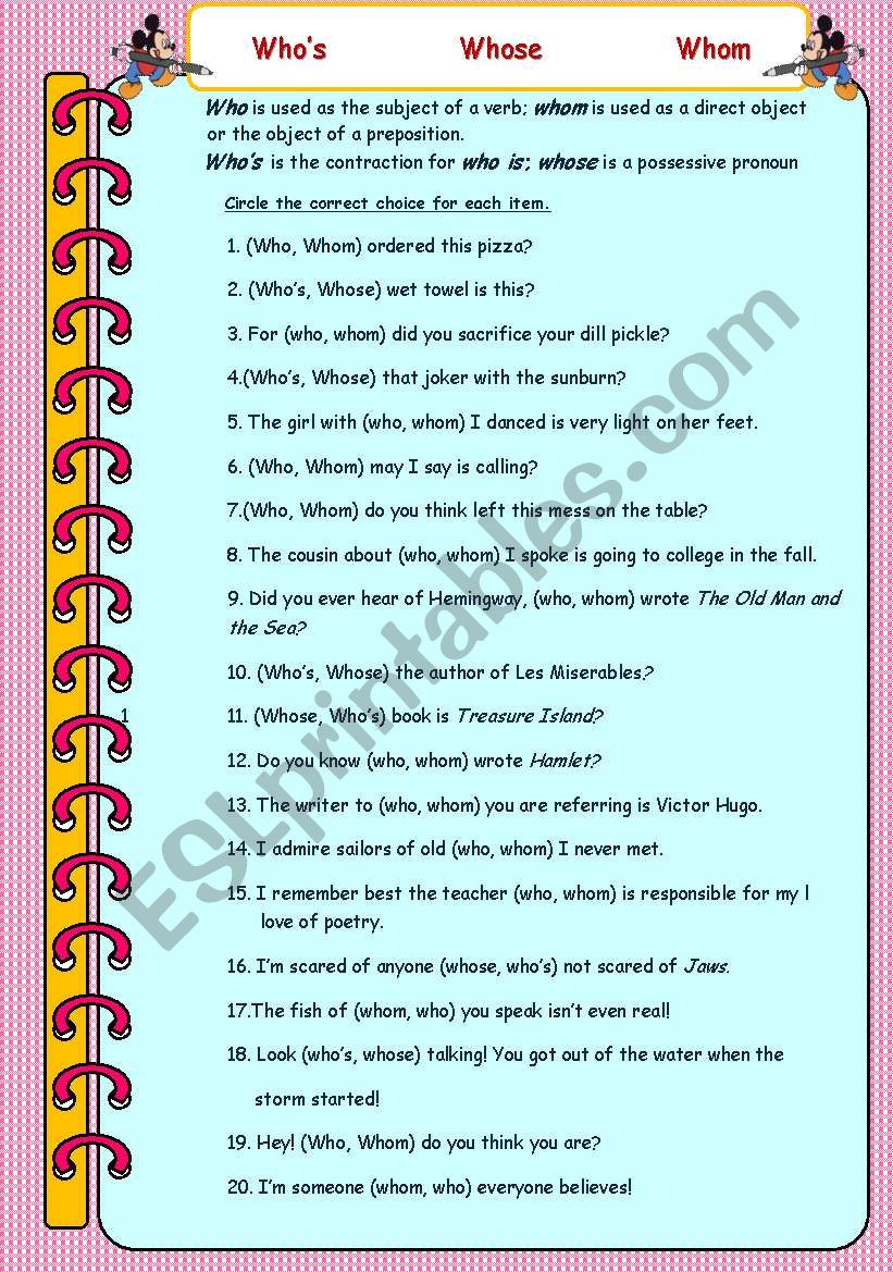 WhoÂ´s whom whose worksheet