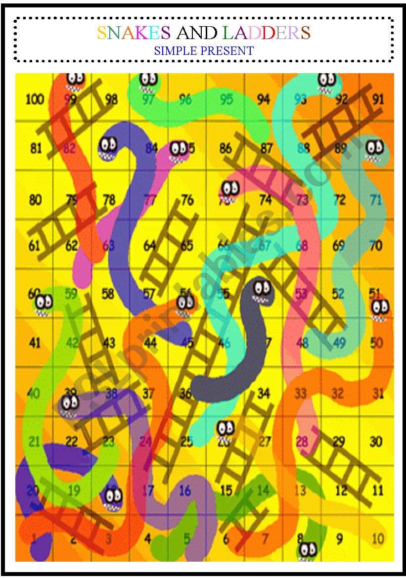SNAKES AND LADDERS BOARD GAME + CARDS - SIMPLE PRESENT 