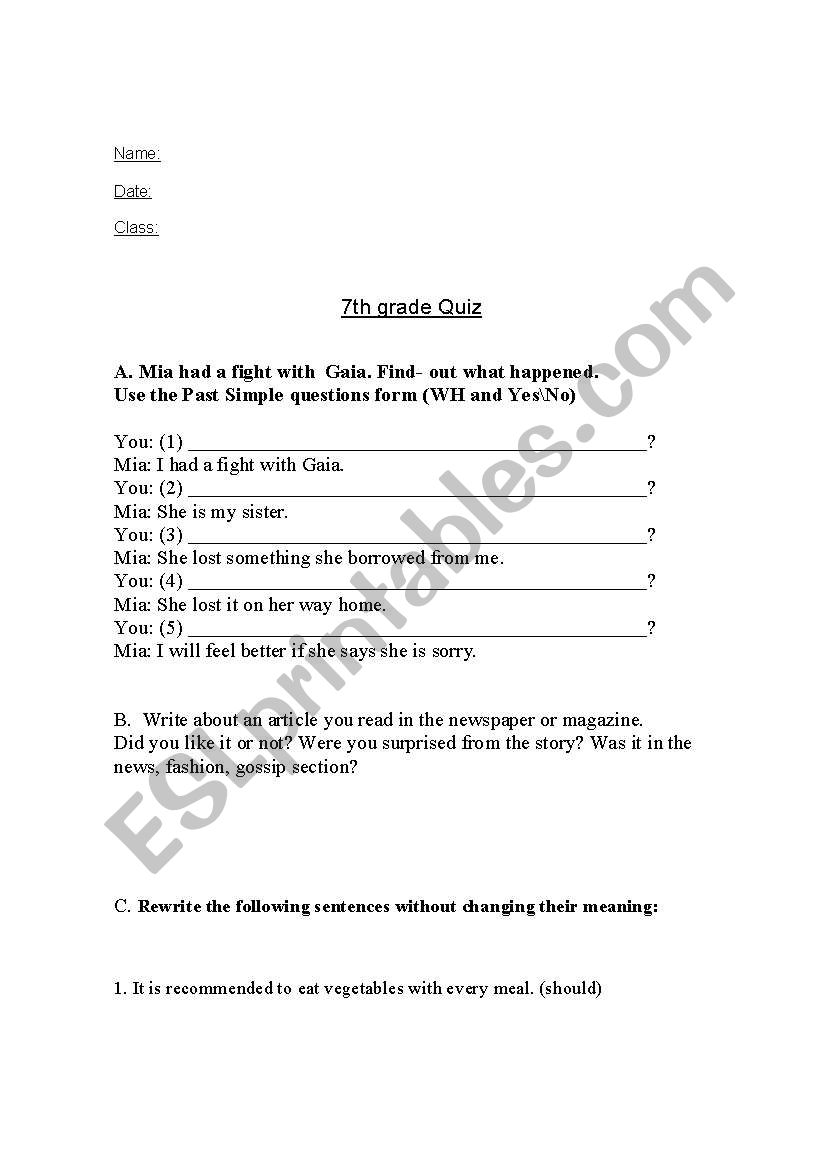 7th Grade quiz - WH questions in the past simple, modals and short essay