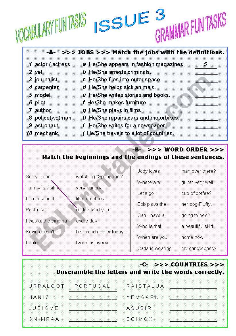 word order in easy sentences; jobs; countries (matching and unscrambling exercises) / fully editable and ANSWER KEY INCLUDED!!