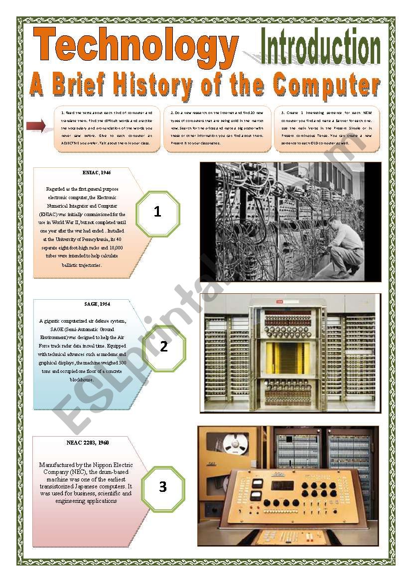 TECHNOLOGY - (INTRODUCTION 6 pages) OLD x NEW Computers - A brief history of the computer with exercises and texts to be read