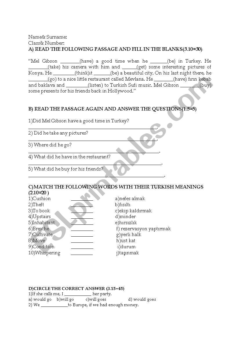 exam worksheet