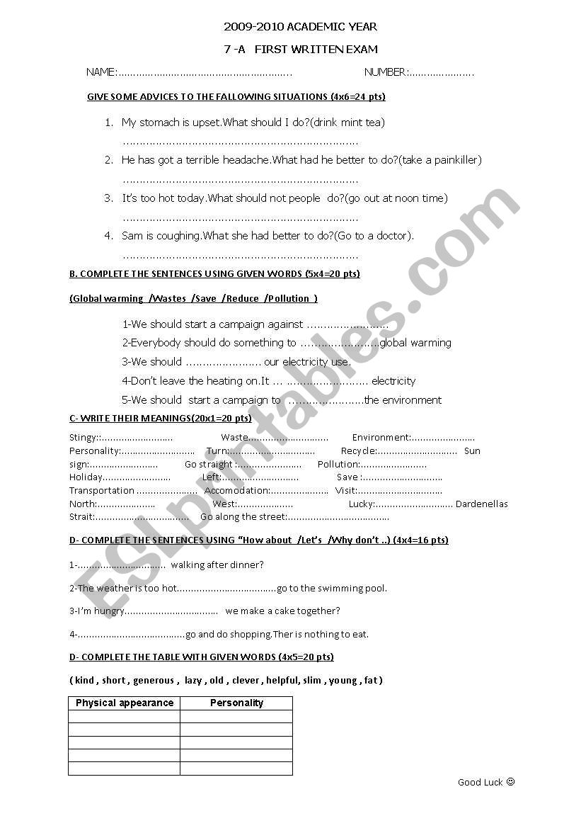 wrtten exam for 7th class worksheet
