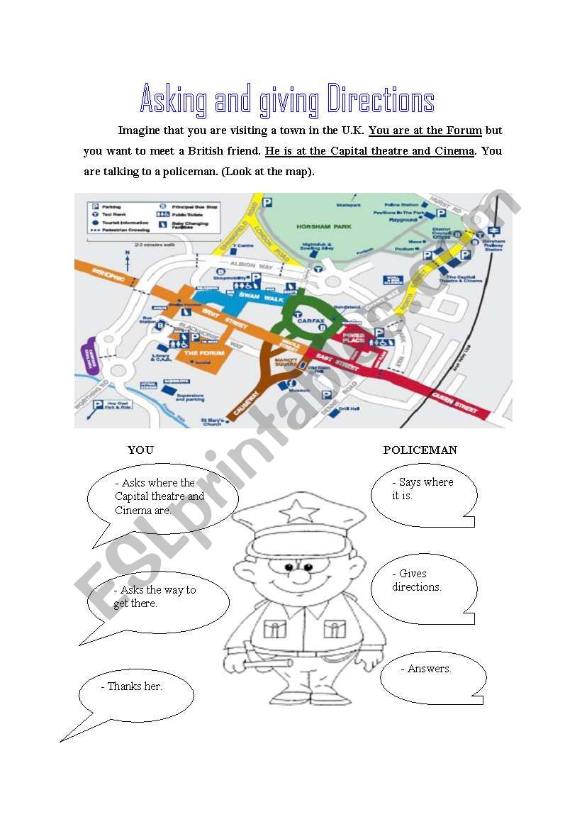 Asking and giving directions - guided dialogue based on a map from a town 