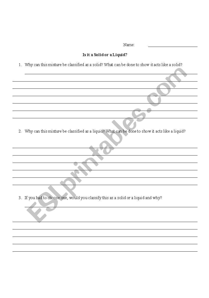 Matter (Gas, Solid, Liquid) worksheet