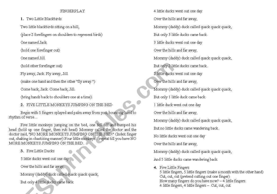 FINGERPLAYS worksheet