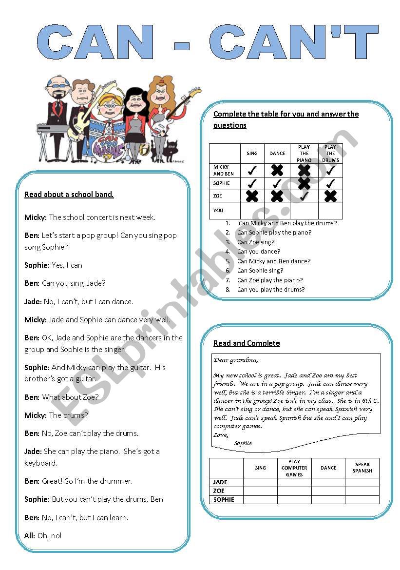 School Band - CAN worksheet