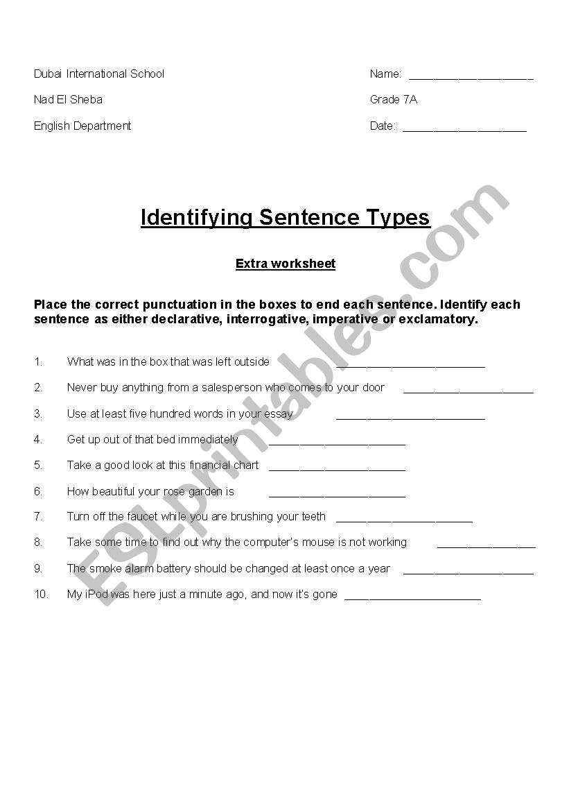 four types of sentences worksheet