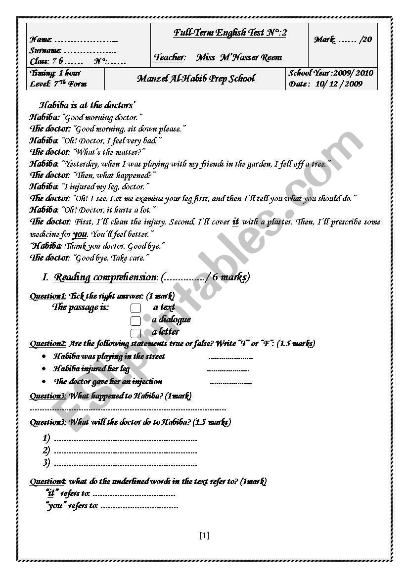 7 Th Form Full-Term Test (Term 2)