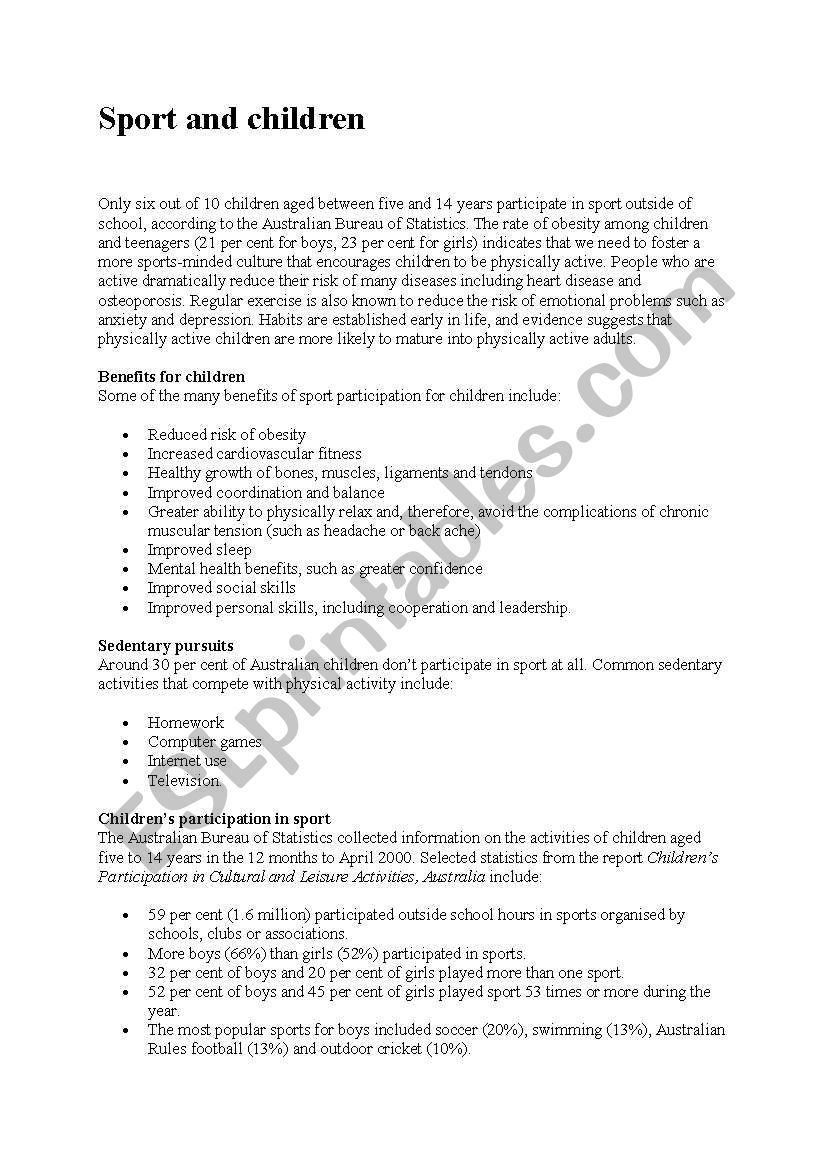 Sport and Children worksheet