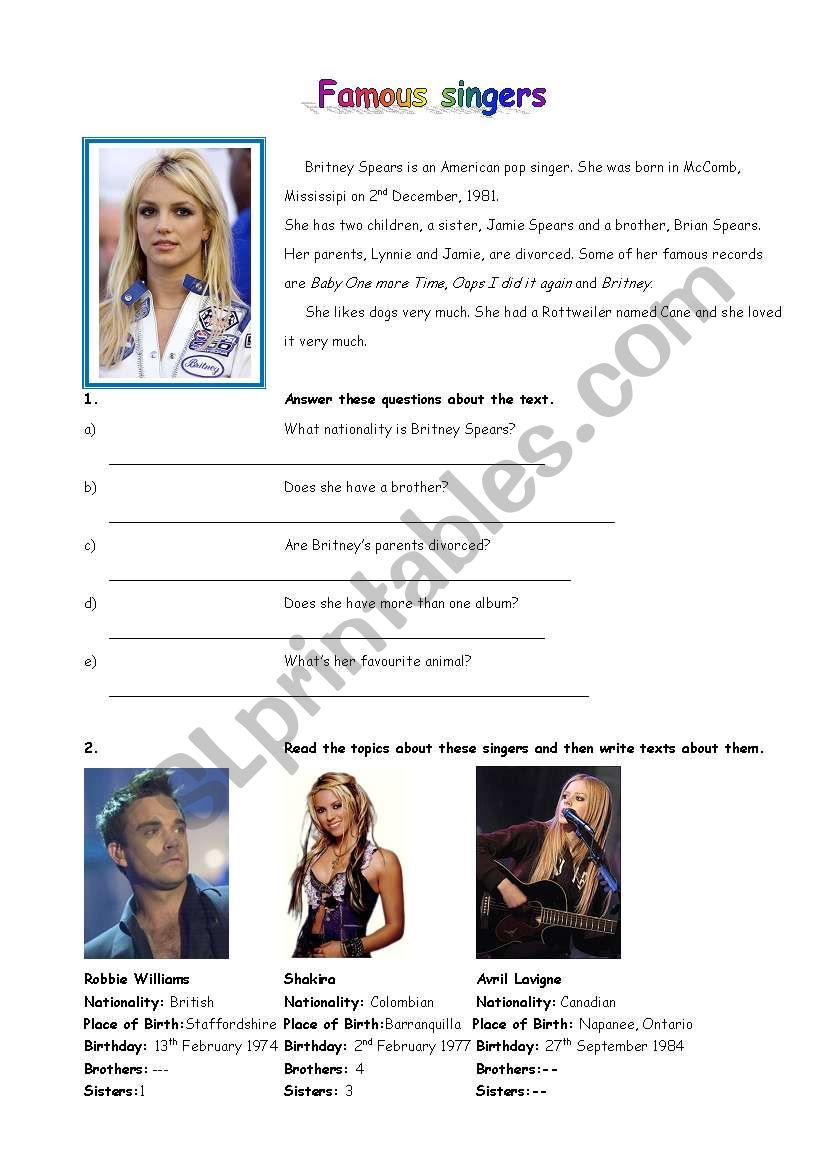 famous singers worksheet