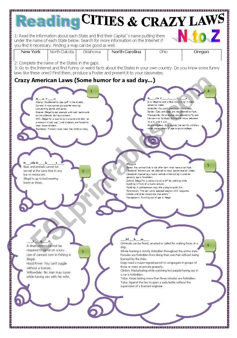 CRAZY LAWS IN THE USA - (Part 2 N to Z - 8 pages) - Cities & States Reading & Comprehension with 2 exercises and a research