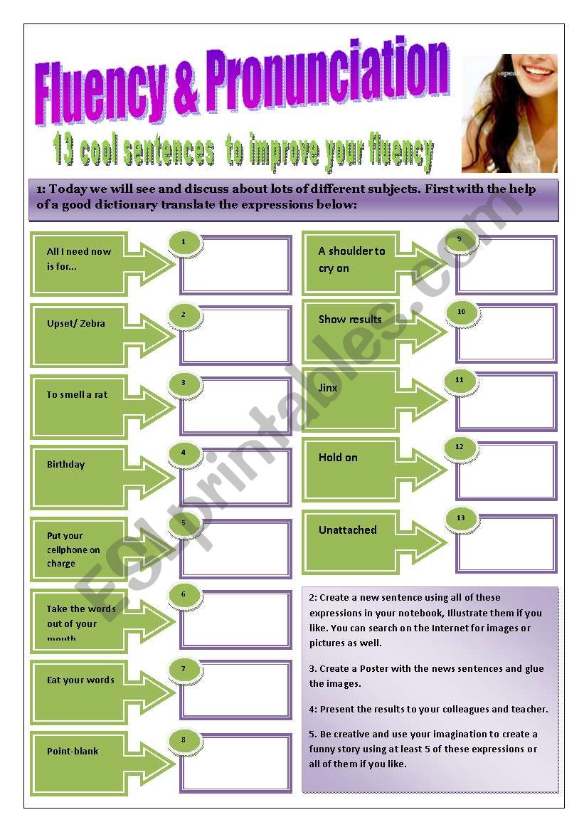 IDIOMS & EXPRESSIONS - (3 pages) with 13 Cool sentences to improve your Fluency & pronunciation & 8 activities