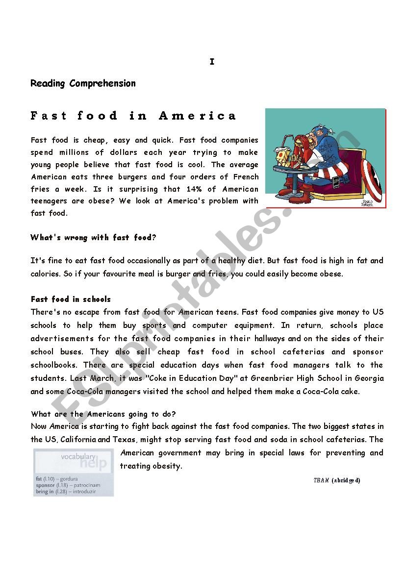 Test - Fast Food in America worksheet