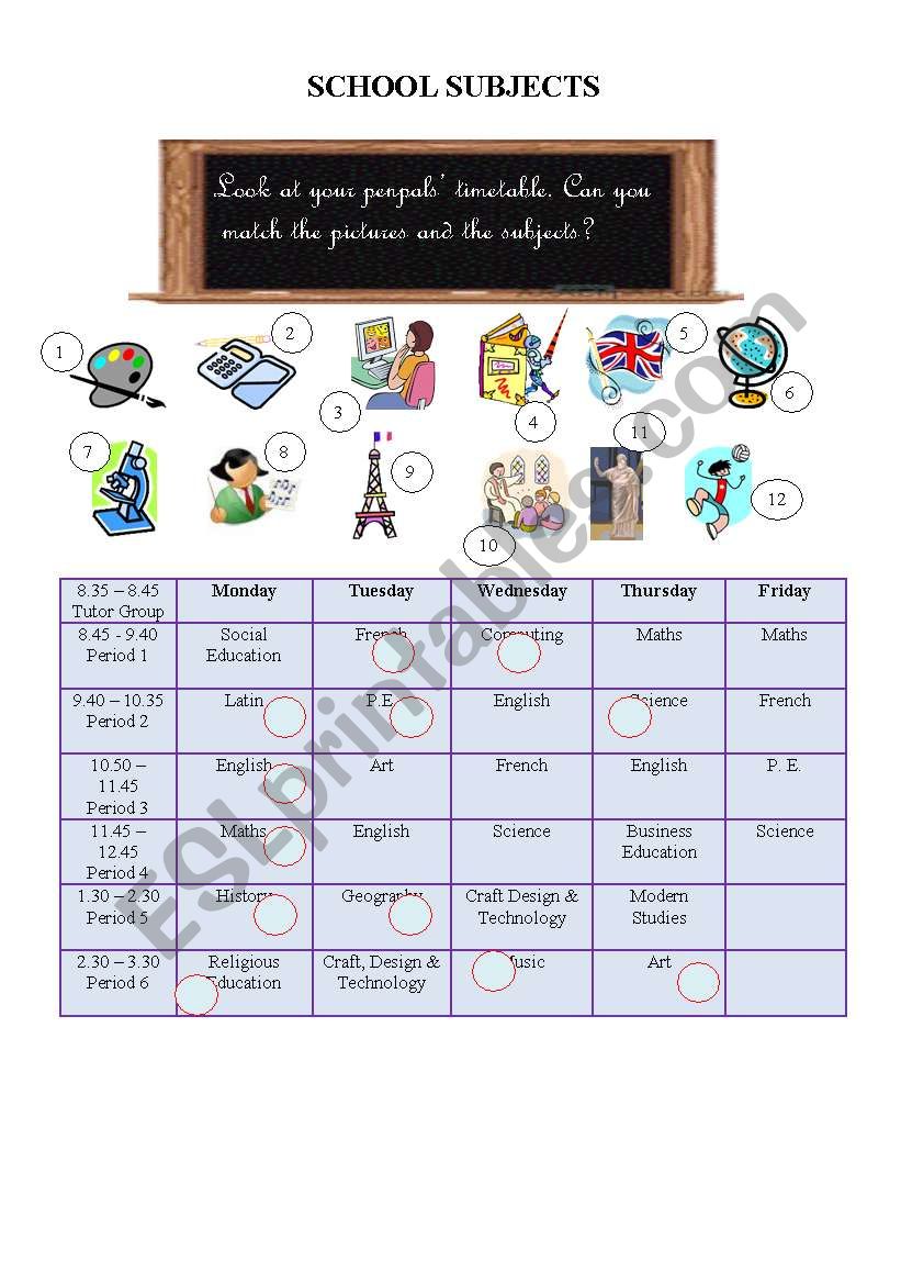 school subjects and timetable worksheet
