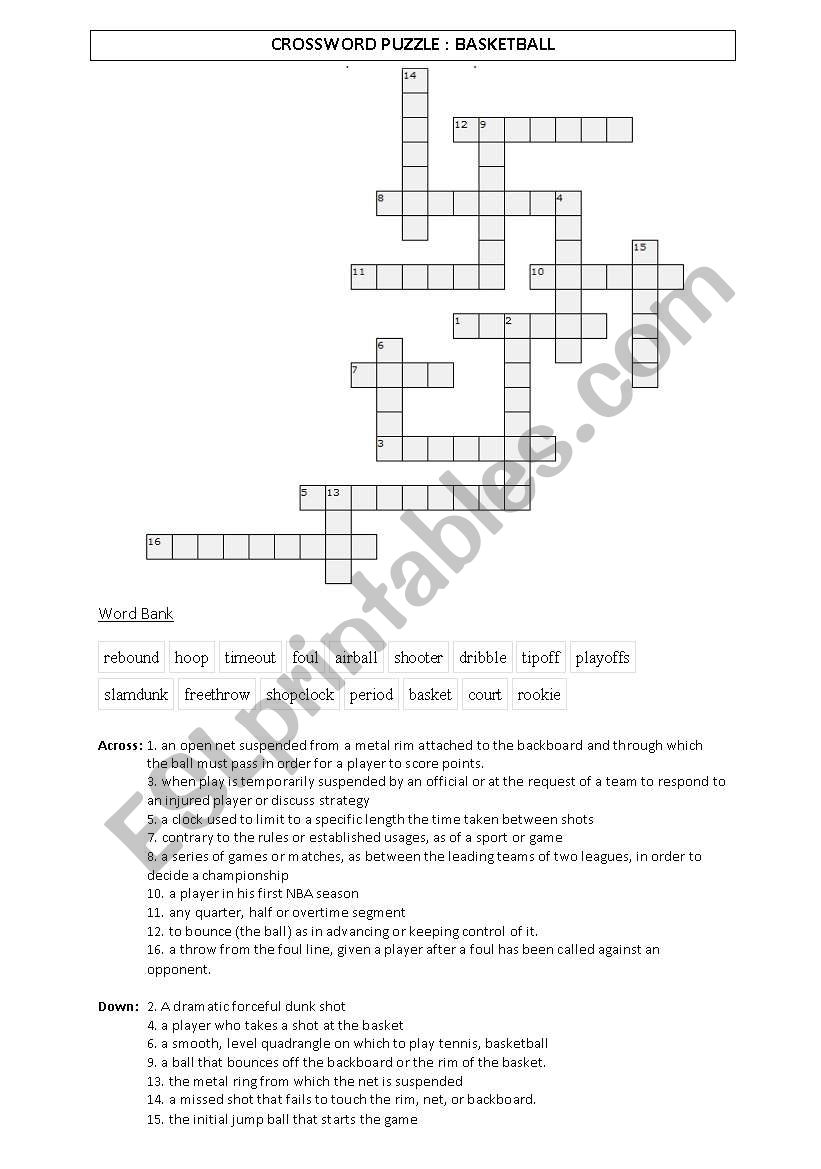 Basketball crossword worksheet