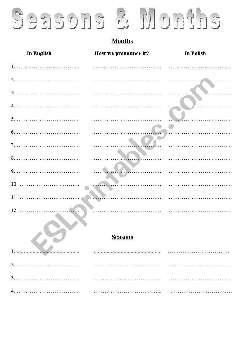 Month Seasons worksheet