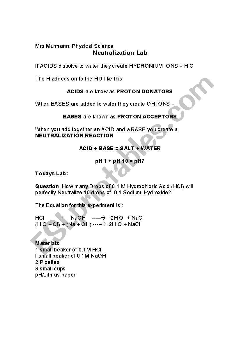 Neutralization lab  worksheet