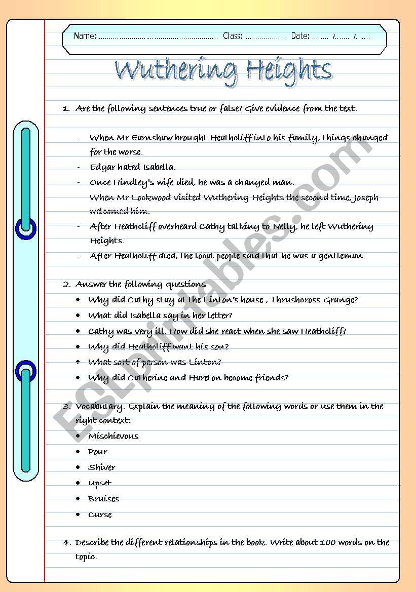 Test on Wuthering Heights worksheet