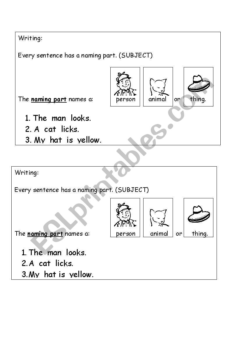 Naming part of a Sentence worksheet