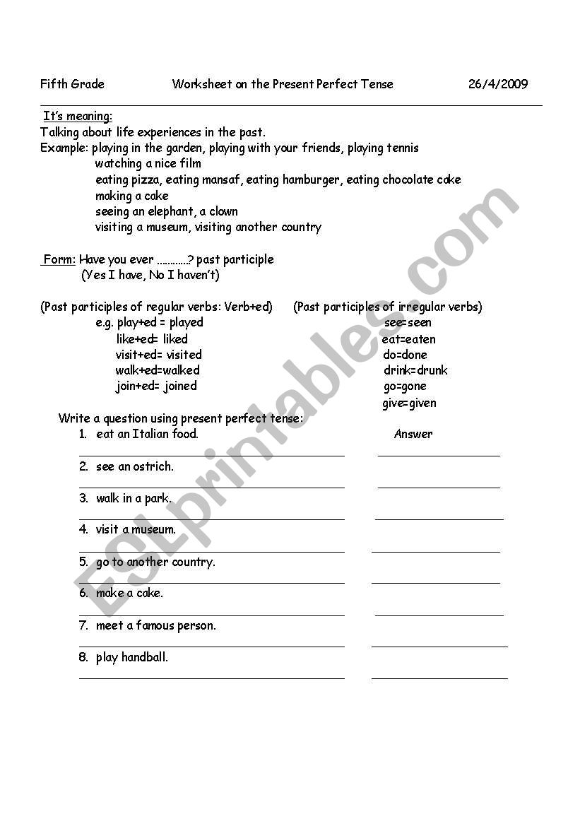 present perfect work sheet worksheet