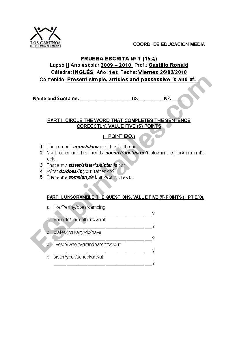 Present Simple and articles Test