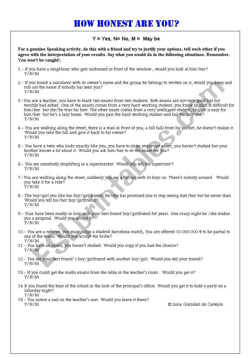 How honest are you? worksheet